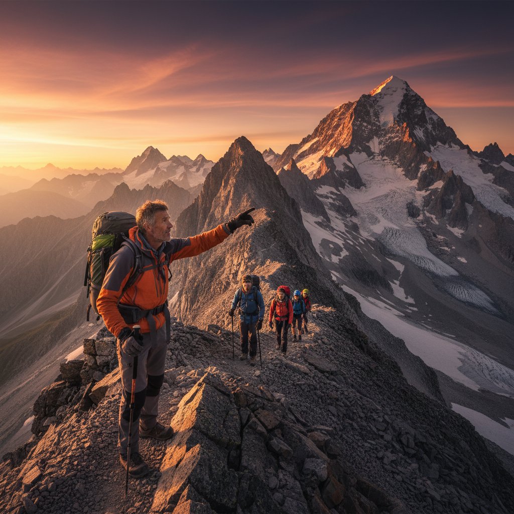 Professional mountain guide leading group through British highlands with dramatic mountain peaks in background